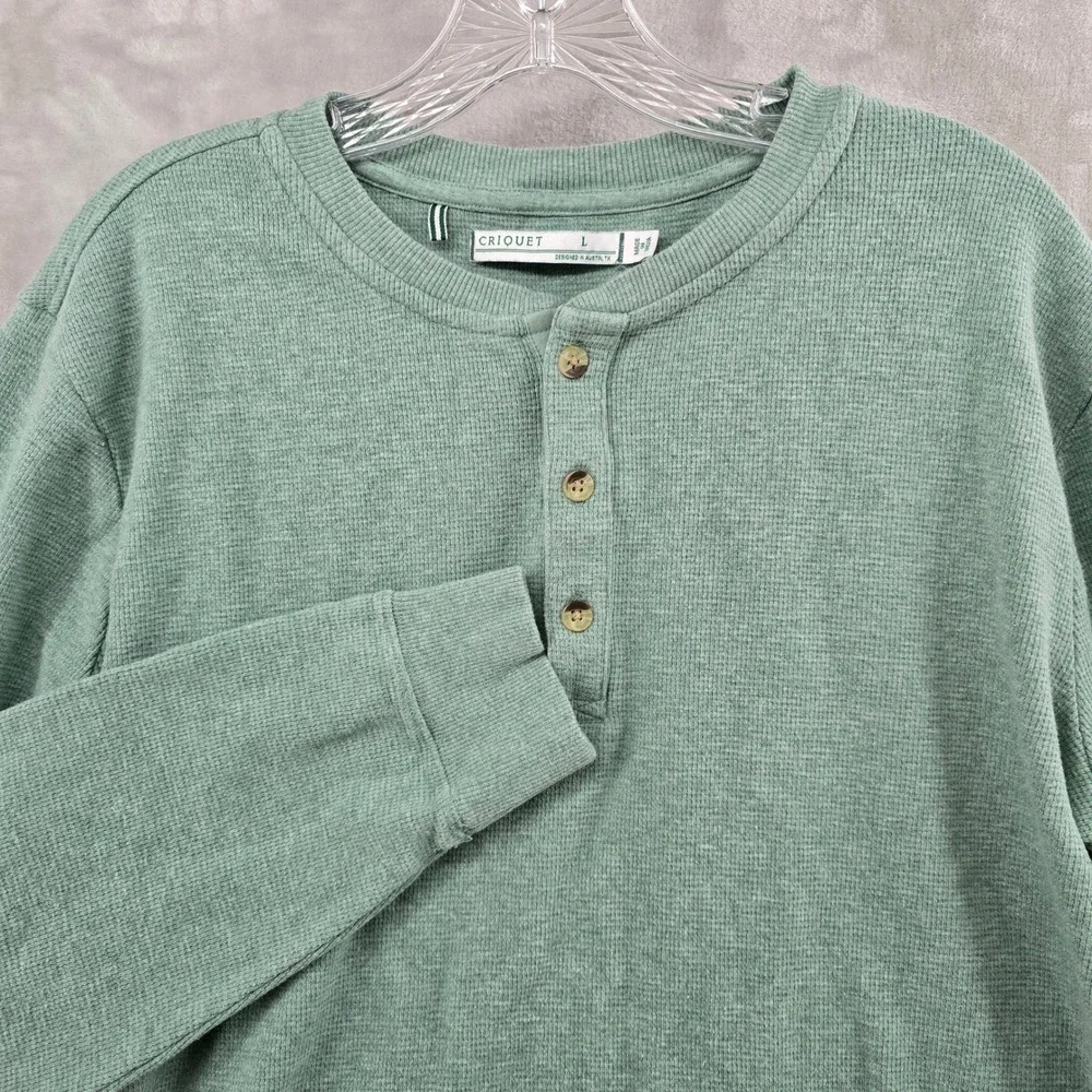 Criquet Henley Shirt Mens Large Green Waffle Knit Thermal Long Sleeve Cotton